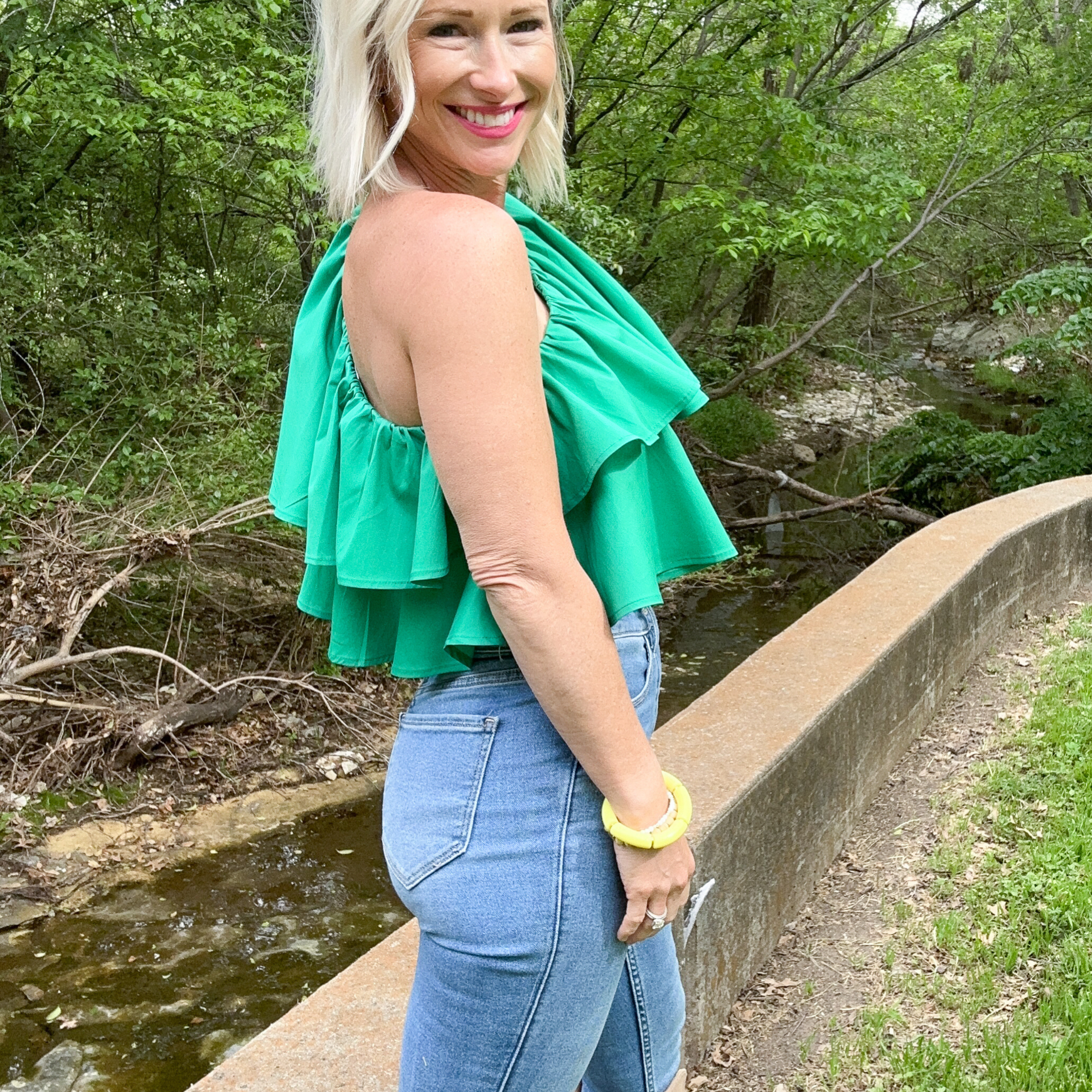 Pom Squad One Shoulder Top - Green-Blouses-Ces Femme-Go Big U, Women's Fashion Boutique Located in Dallas, TX