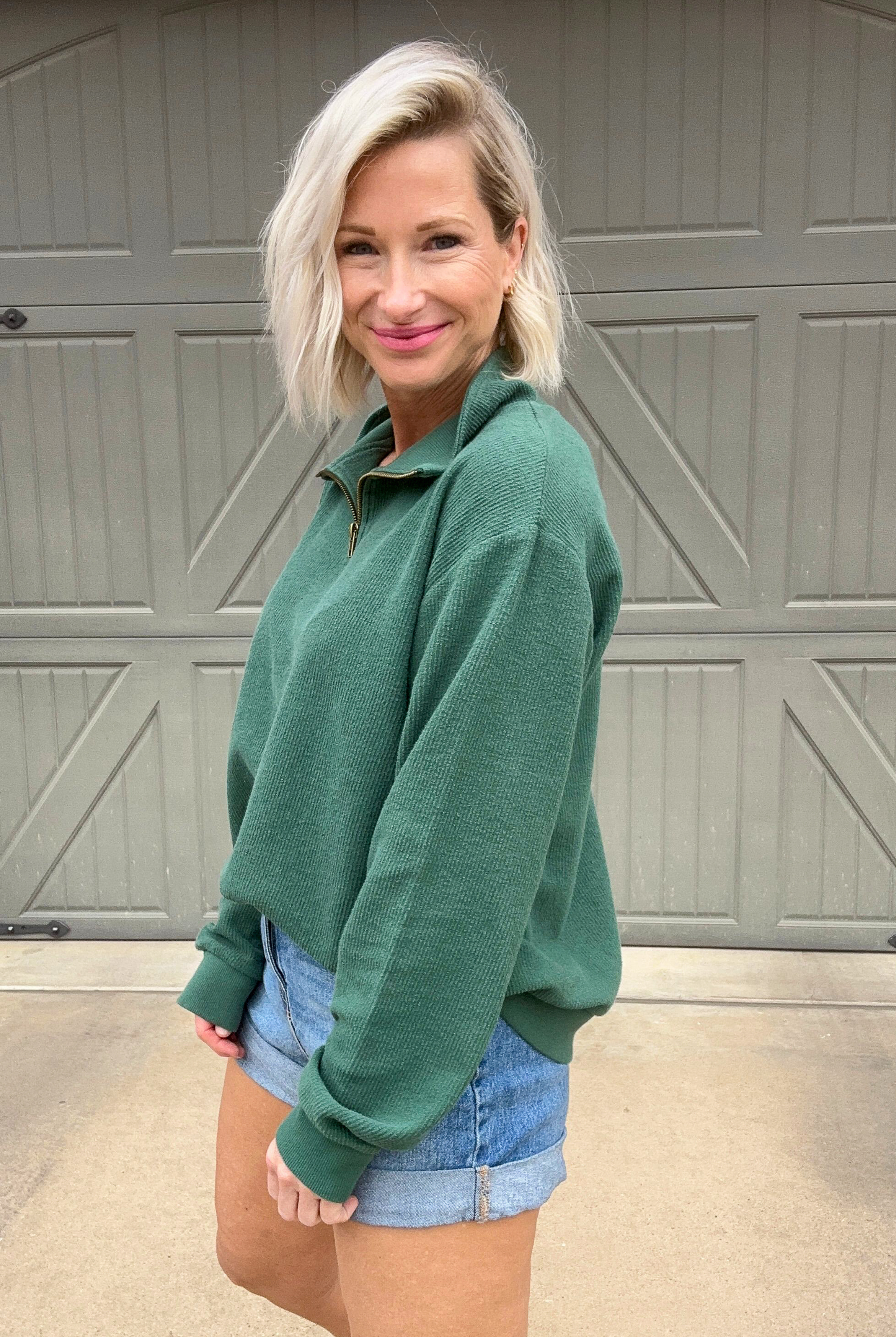 On the Green Quarter Zip Sweater-Sweater-Trend Notes-Go Big U, Women's Fashion Boutique Located in Dallas, TX