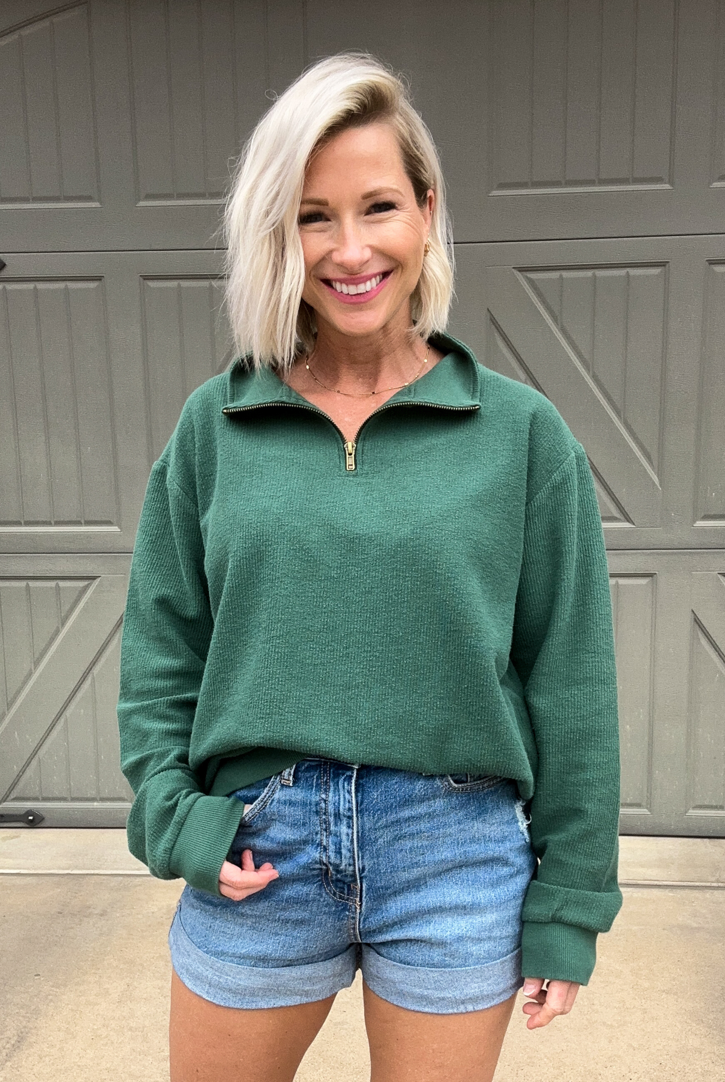 On the Green Quarter Zip Sweater-Sweater-Trend Notes-Go Big U, Women's Fashion Boutique Located in Dallas, TX