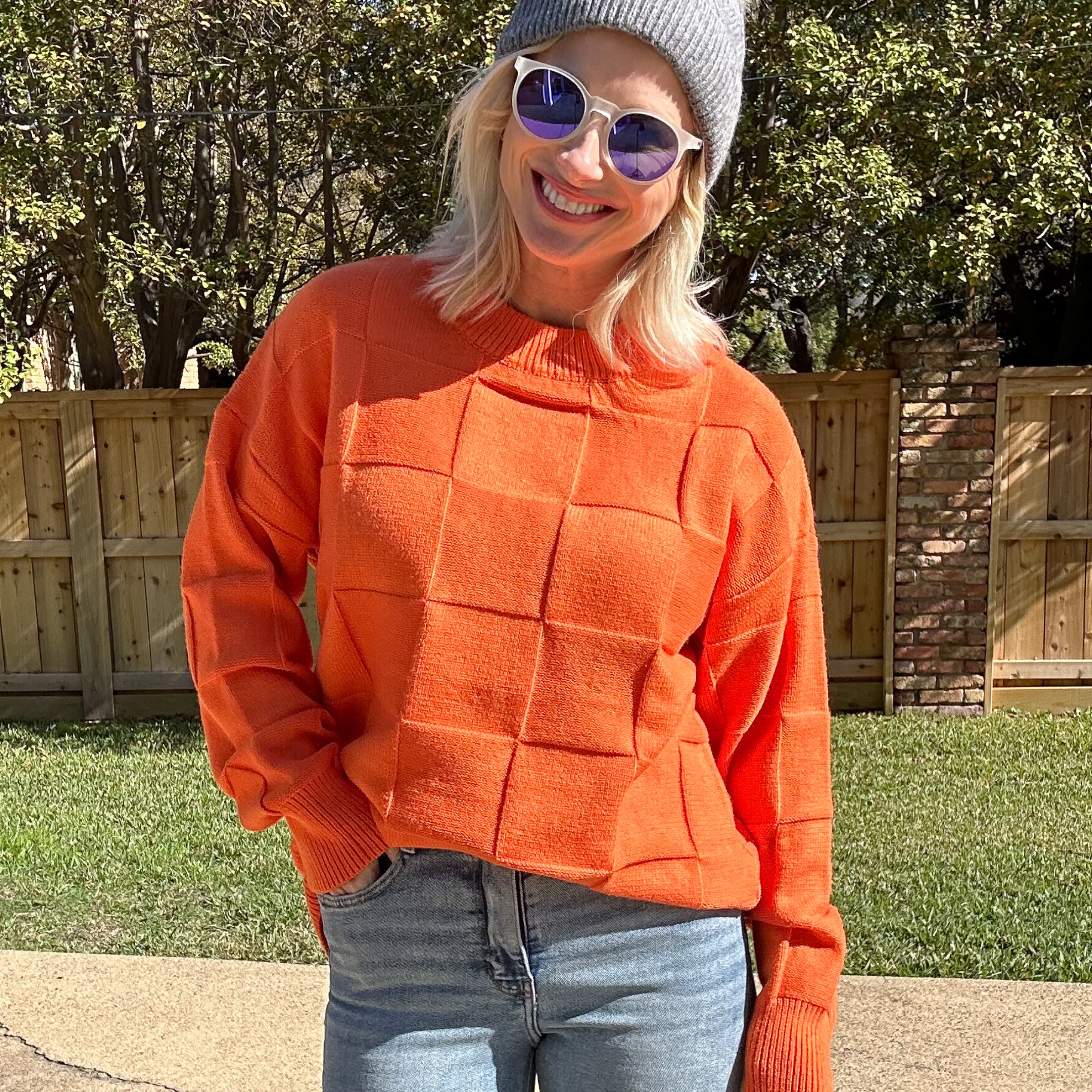 The Outfield Checkered Sweater - Orange-Sweater-Vine and Love-Go Big U, Women's Fashion Boutique Located in Dallas, TX