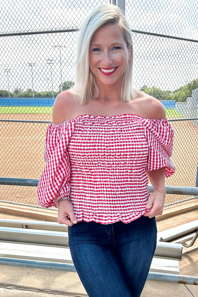 Button Down Blouse with Red Embroidered Stars. Perfect for gameday!