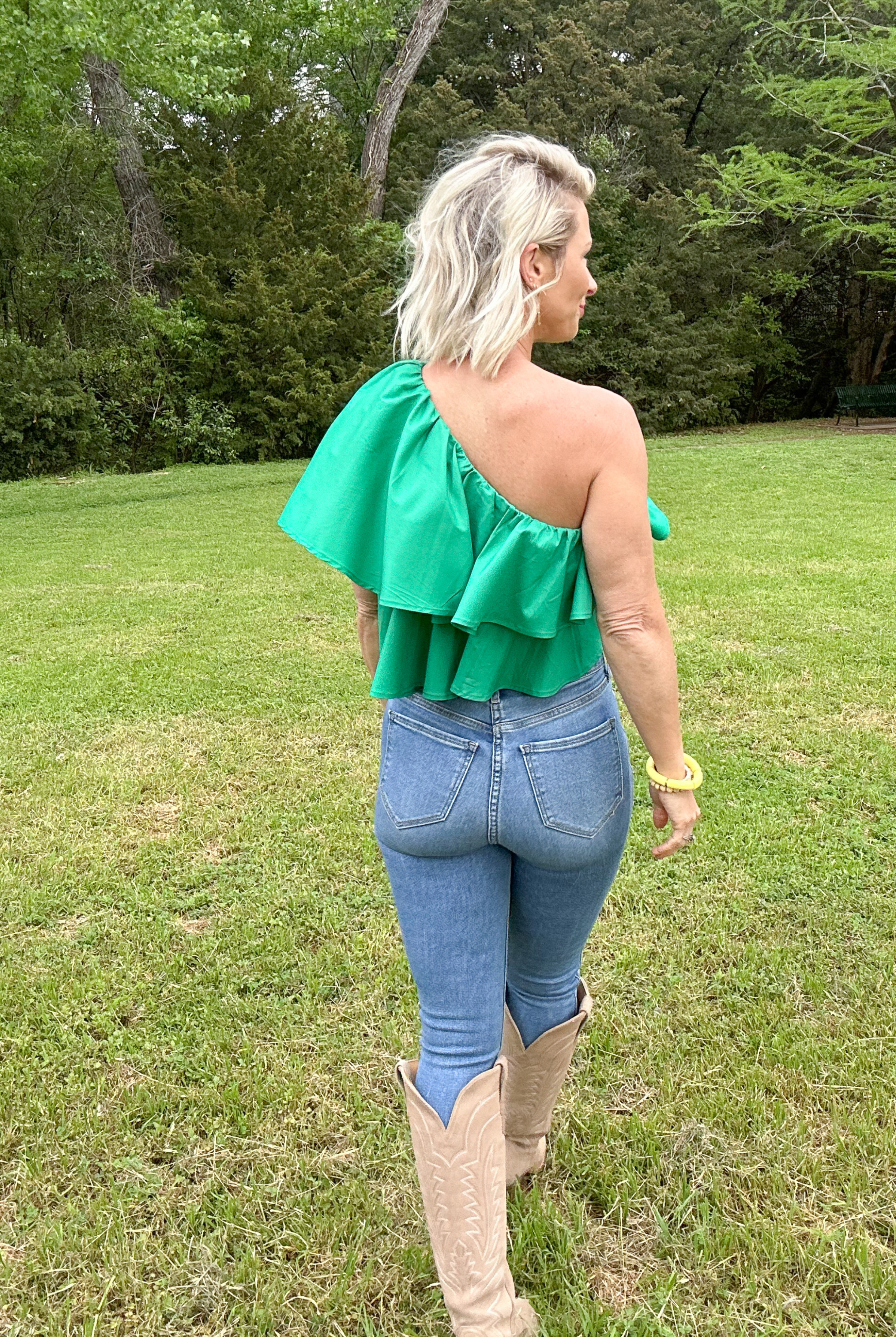 Pom Squad One Shoulder Top - Green-Blouses-Ces Femme-Go Big U, Women's Fashion Boutique Located in Dallas, TX
