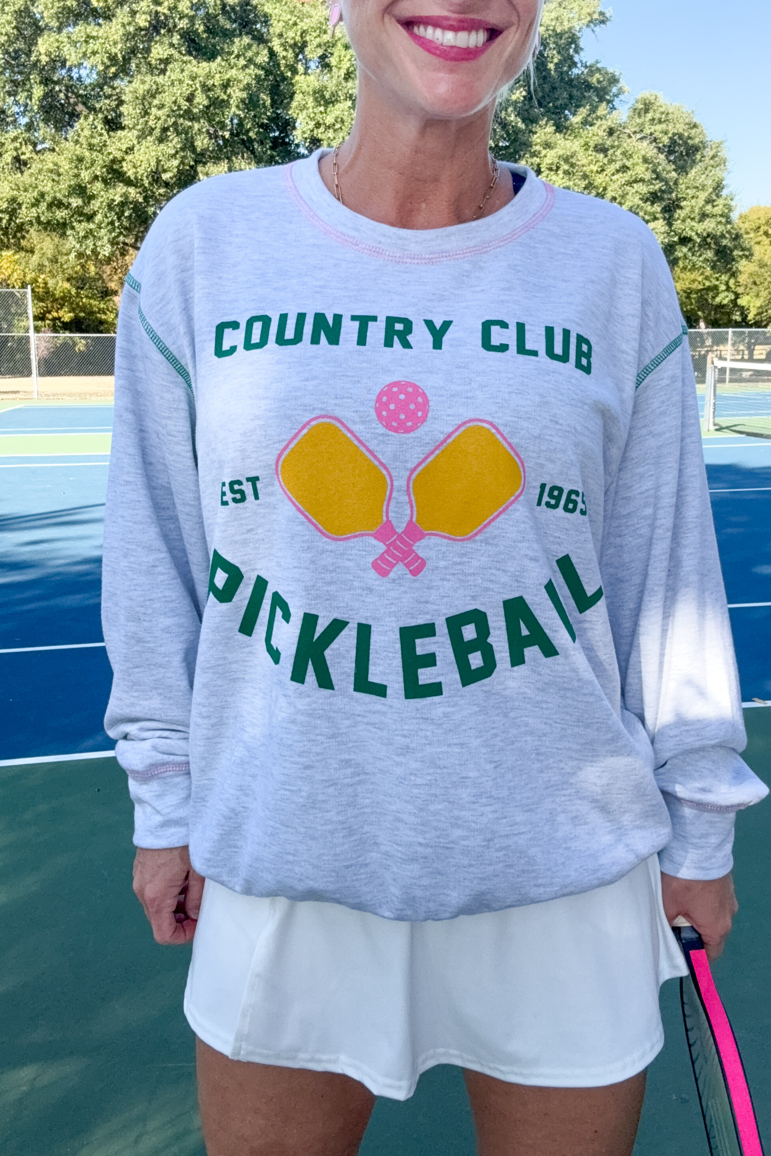 Country Club Pickleball Sweatshirt-graphic sweatshirt-Peach Love-Go Big U, Women's Fashion Boutique Located in Dallas, TX