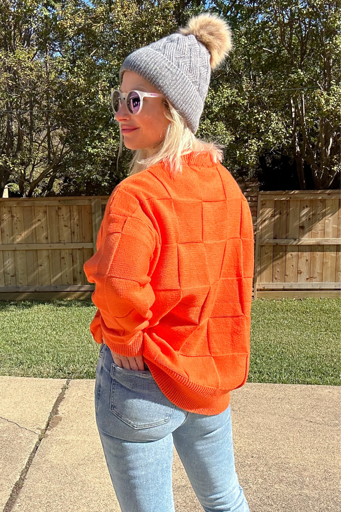 The Outfield Checkered Sweater - Orange-Sweater-Vine and Love-Go Big U, Women's Fashion Boutique Located in Dallas, TX